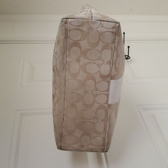 12CM COACH SHOULDER TOTE BAG KHAKI IVORY SIGNATURE JACQUARD HANDBAG PURSE WOMENS - Picture 5 of 13